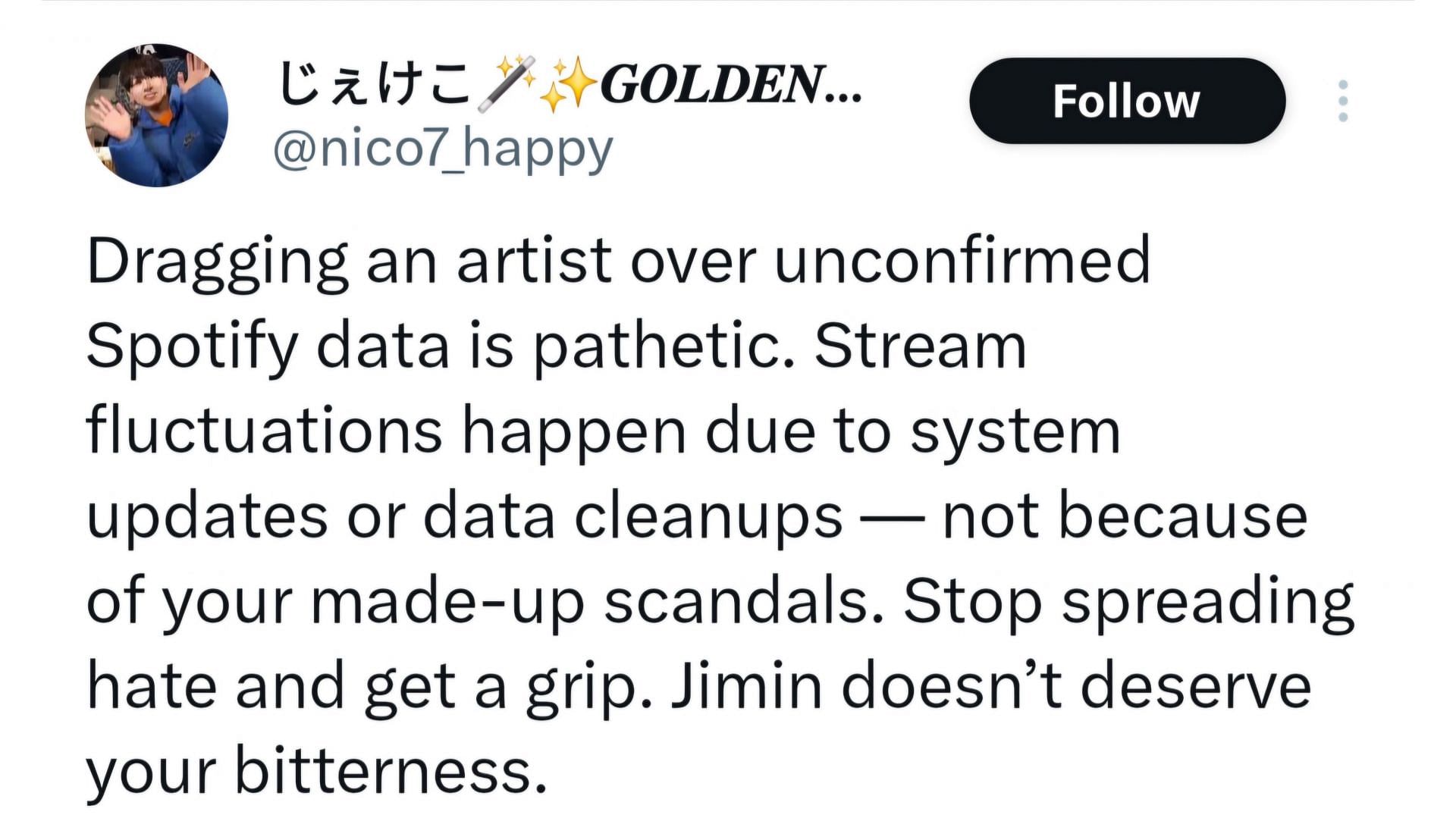 Fans defend the BTS member amid accusations (Image via X/@nico7_happy)